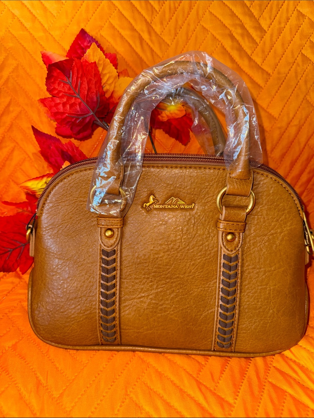 Montana West Cognac Dome Satchel with Braided Accents